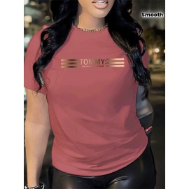 1pc Gradient Three-Stripe TOMMY Printed Women'S Summer Casual Sports T-Shirt Pullover Made of Comfortable And Smooth Polyester And Spandex Short-Sleeve Top.