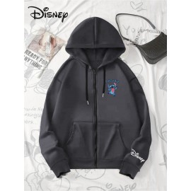 Disney Stitch TROUBLE Women'S Casual Zip-Up Hoodie - Front Zipper Design, Pink Cartoon Print, Cozy Fall/Winter Jacket with Hood, Cute Hoodies