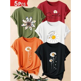 [Versatile Summer T-Shirt Set] 5pcs Versatile Summer T-Shirt Set, Women's Simple Floral Short Sleeve Chrysanthemum Print Round Neck Loose Fit Casual Fashionable Commute Vacation Everyday Top in Multiple Colors 1XL-5XL
