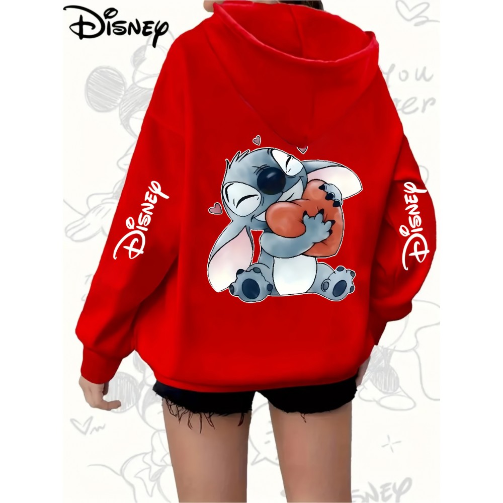 Plus Size Stitch Graphic Hoodie - Cute Cartoon Print with Hearts & Stars, Zip-Up Pullover with Pockets, Machine Washable, Black & Pink, Perfect for Casual Wear, Parties, and Holidays, Casual Wear Hoodie | Playful Design | Stretchy Fabric, Disney Shirts