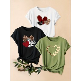 3pcs Women'S Casual Short Sleeve T-Shirts with Leopard Print & Heart Design - Loose Fit, Round Neck, Medium Stretch, All-Season Comfort, Available in 1XL-5XL Sizes, Leopard Print T Shirt, Vacation Clothing, Trendy Fashion, Comfortable Fit