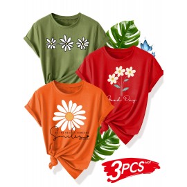 3pcs Floral Print Women'S Casual T-Shirt Set - Black, Red, Beige with Daisy & Sun Design, Short Sleeve, Round Neck, Perfect for Summer, Beach, and Sporty Style, Beach Wear | Floral Print Tee | Comfortable Fit, Ladies T Shirts