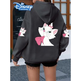 Women's Plus Size Hooded Zipper Jacket - 3-Panel Cartoon Cat Print with Pink Bows, 100% Polyester Machine-Washable Spring/Fall Casual Outerwear, Gift for Fans, Fall Fashion, Playful Design, Comfortable Fit, Cozy Outerwear, Fashion Lovers