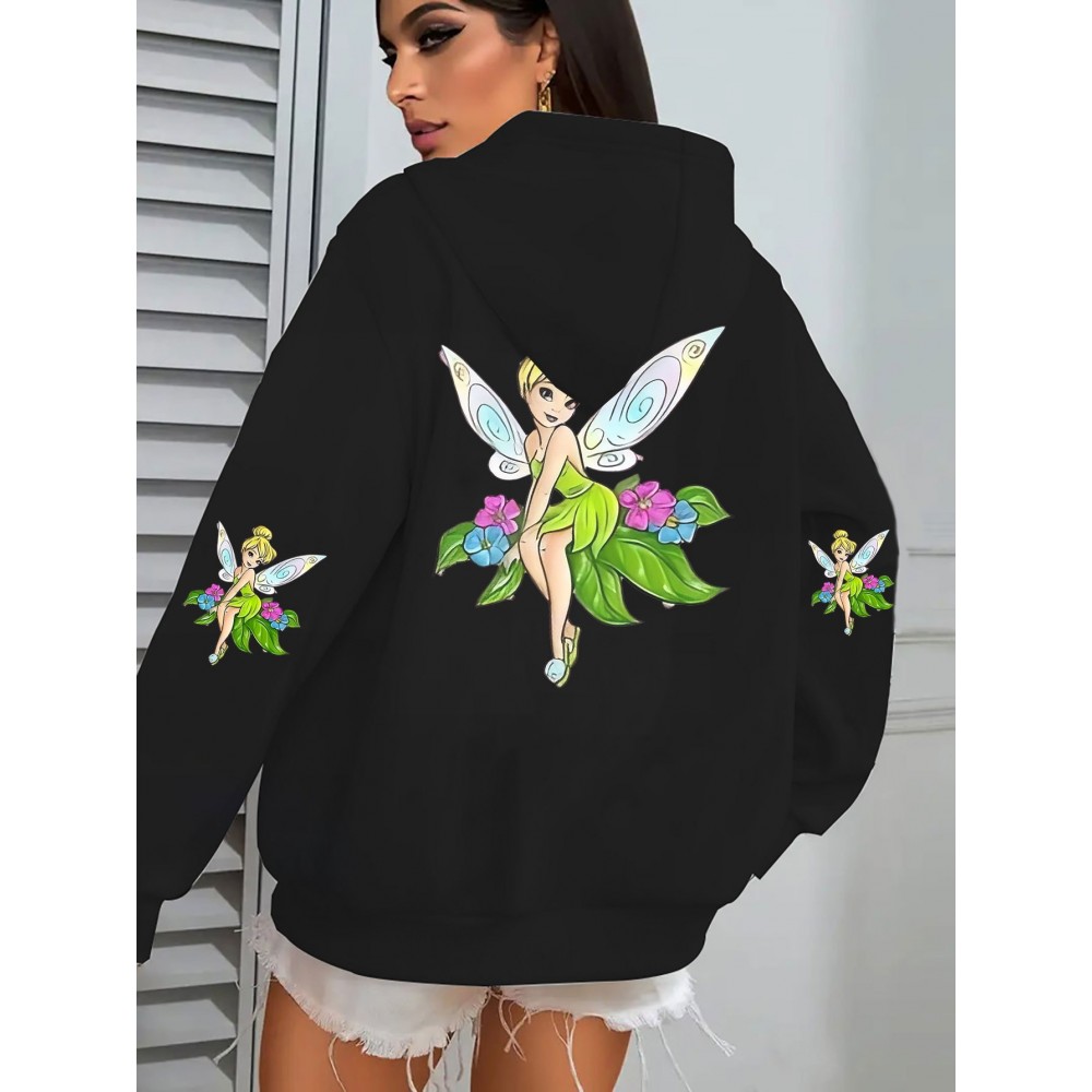 Multi-Color Disney Women's Plus Size Oversized Tinker Bell Fairy Graphic Hooded Sweatshirt - Cozy Zipper Hoodie with Full Back Cartoon Print, Soft Casual Pullover for Fall/Winter (Machine Washable, Officially Licensed)