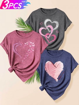 [Cute Heart T-Shirts] 3pcs Women's Heart Graphic T-Shirts | Casual Crew Neck Short Sleeve Tops with 