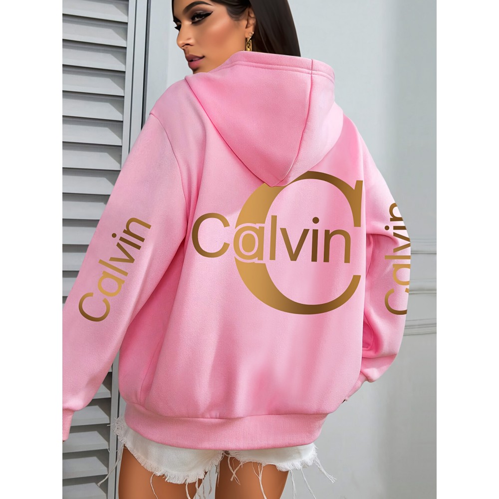 Women'S Calvin Graphic Hoodie - Black with Golden Lettering, Cozy Fall/Winter Pullover Sweatshirt, Hooded Sweatshirt for Everyday & Formal Outfits, Casual Wear, Trendy Design, Comfortable Fit, Stylish Hoodie, Fashion Lovers