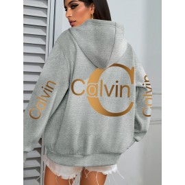 Women'S Calvin Graphic Hoodie - Black with Golden Lettering, Cozy Fall/Winter Pullover Sweatshirt, Hooded Sweatshirt for Everyday & Formal Outfits, Casual Wear, Trendy Design, Comfortable Fit, Stylish Hoodie, Fashion Lovers