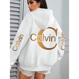Women'S Calvin Graphic Hoodie - Black with Golden Lettering, Cozy Fall/Winter Pullover Sweatshirt, Hooded Sweatshirt for Everyday & Formal Outfits, Casual Wear, Trendy Design, Comfortable Fit, Stylish Hoodie, Fashion Lovers