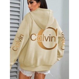 Women'S Calvin Graphic Hoodie - Black with Golden Lettering, Cozy Fall/Winter Pullover Sweatshirt, Hooded Sweatshirt for Everyday & Formal Outfits, Casual Wear, Trendy Design, Comfortable Fit, Stylish Hoodie, Fashion Lovers