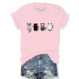 Plus Size - Women'S Plus Size Halloween Cat Print T-Shirt - Black Casual Crew Neck Tee with Playful Cartoon Cats, Breathable & Comfortable for Casual Attire, Halloween Shirts