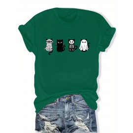 Plus Size - Women'S Plus Size Halloween Cat Print T-Shirt - Black Casual Crew Neck Tee with Playful Cartoon Cats, Breathable & Comfortable for Casual Attire, Halloween Shirts