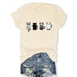 Plus Size - Women'S Plus Size Halloween Cat Print T-Shirt - Black Casual Crew Neck Tee with Playful Cartoon Cats, Breathable & Comfortable for Casual Attire, Halloween Shirts