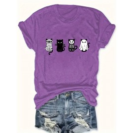 Plus Size - Women'S Plus Size Halloween Cat Print T-Shirt - Black Casual Crew Neck Tee with Playful Cartoon Cats, Breathable & Comfortable for Casual Attire, Halloween Shirts