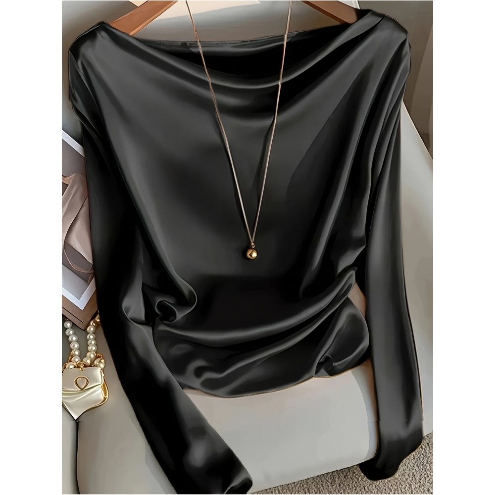 Plus Size - Elegant Plus Size Satin Blouse for Women - Long Sleeve, Off-Shoulder Design, Solid Black, Smooth Polyester Fabric, Perfect for Spring & Fall, Stylish Office Attire, Versatile Blouse | Offshoulder Top | Glossy Texture
