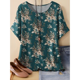 Plus Size, Oriented Plus Size Retro Multicolor Floral Print T-Shirt with Round Neck, Casual Spring/Summer Short Sleeve Top for Women - No Accessories Included