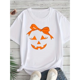 Plus Size - Women'S Plus Size Halloween T-Shirt - Casual Crew Neck Short Sleeve with Jack-O'-Lantern Print, Black, 1-8XL, All-Season Comfort, Halloween Clothing | Halloween Apparel | Stretchable Fabric